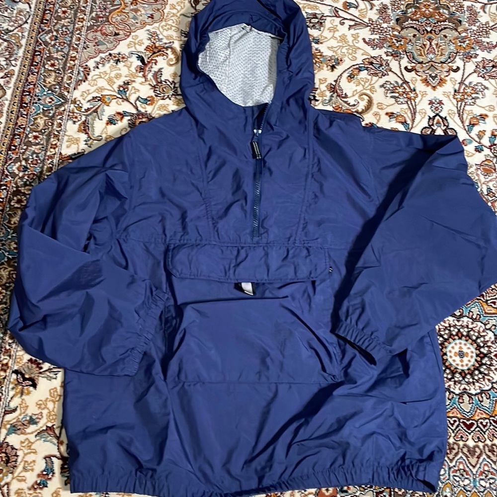 Lands' End packable Vintage jacket with hood windbreaker blue Large 14-16